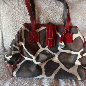 Dooney & Bourke Red and Black Giraffe Print Tote Bag